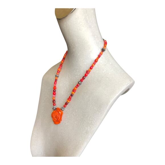 Boho Statement Necklace Orange Red Beaded Resin Rose Pendant Hook Clasp - Picture 5 of 6